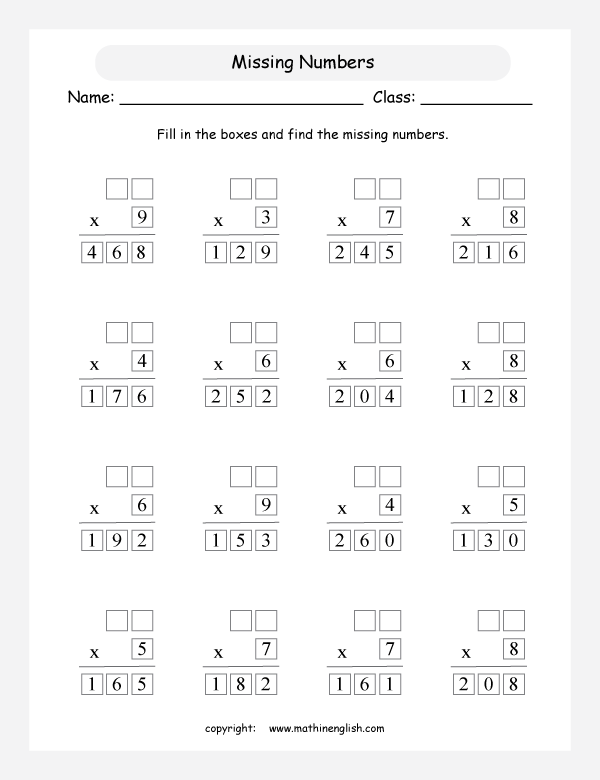 Multiplication Worksheets Fill In Missing Number