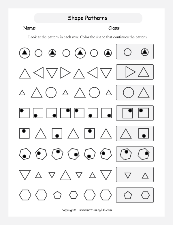 patterns with shapes geometry math worksheets for primary math class 