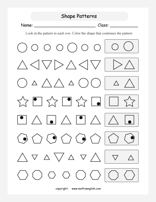 patterns with shapes geometry math worksheets for primary math class 