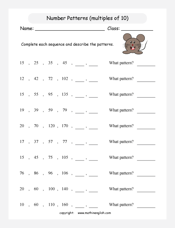 printable math number pattern worksheets for kids in primary and elementary math class 