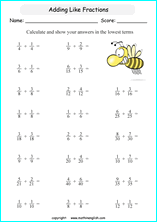 printable adding like fractions worksheets for kids in primary and elementary math class 