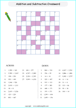 printable math subtraction crossword worksheets for kids in primary and elementary math class 