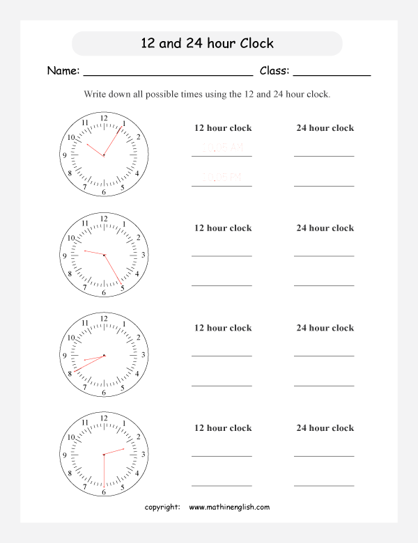 24 hour clock worksheets for primary math