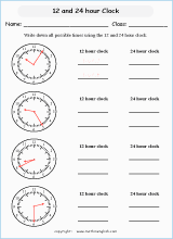 24 hour clock worksheets for primary math