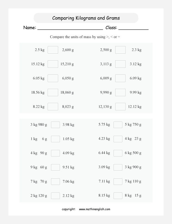 conversion of metric  units of mass worksheets for primary math  