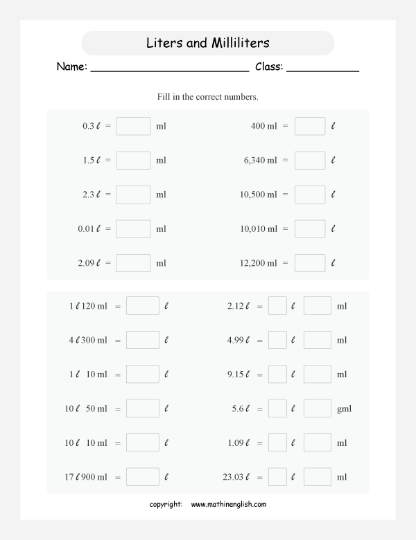 conversion of metric units of volume and capacity worksheets for primary math  