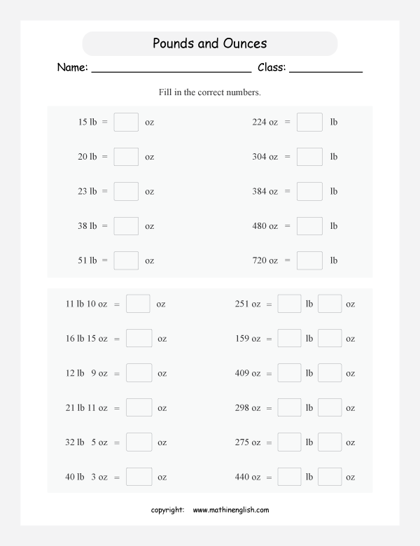 Math worksheet for grade 4 and 5 students based on the conversion of