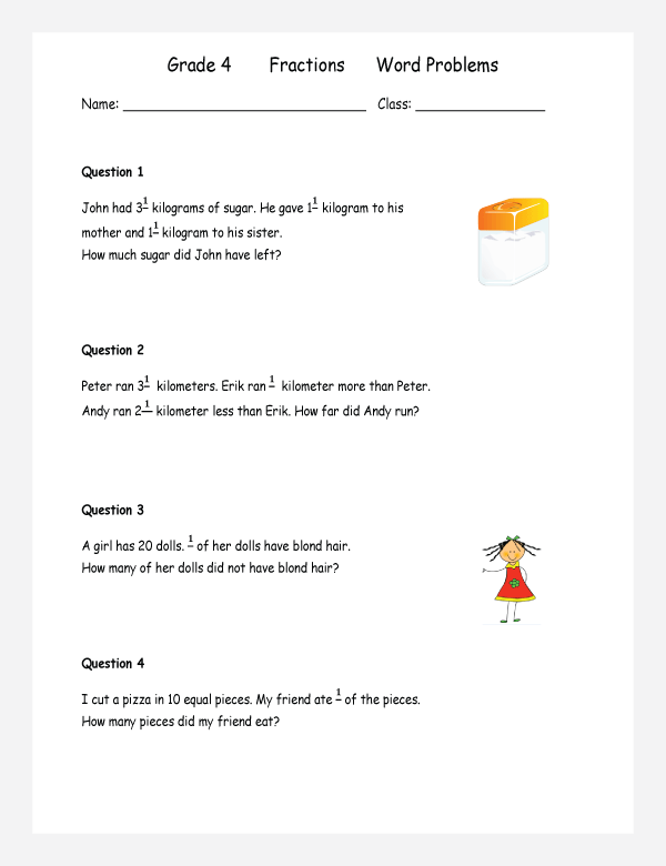 printable fraction word problems worksheets for kids in primary and elementary math class 