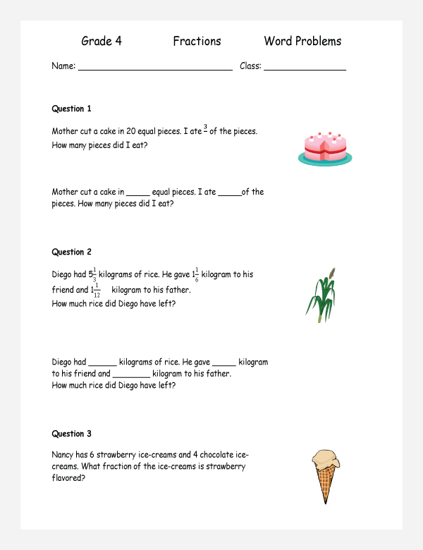 printable fraction word problems worksheets for kids in primary and elementary math class 