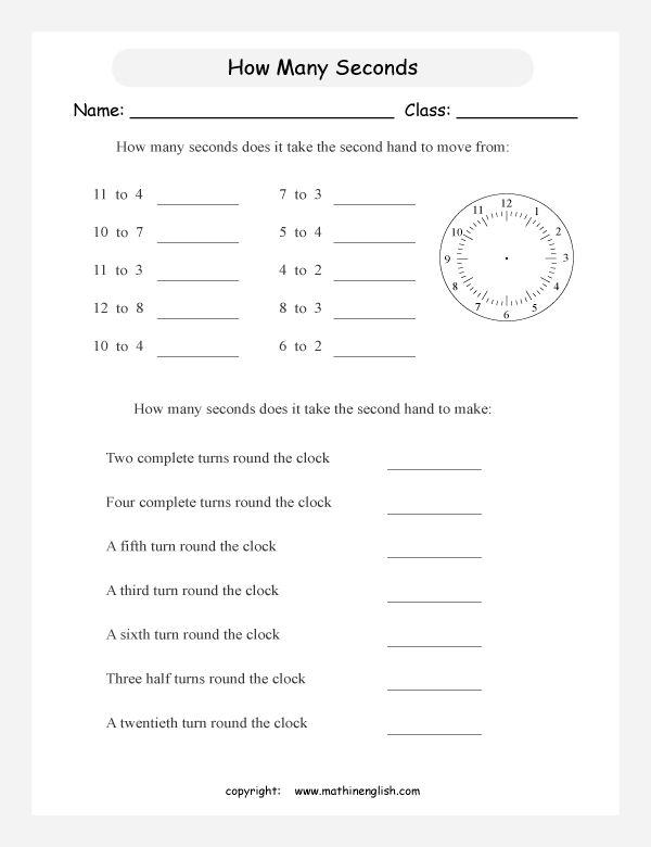 How many seconds does it take the minute hand to go from the numbers 3