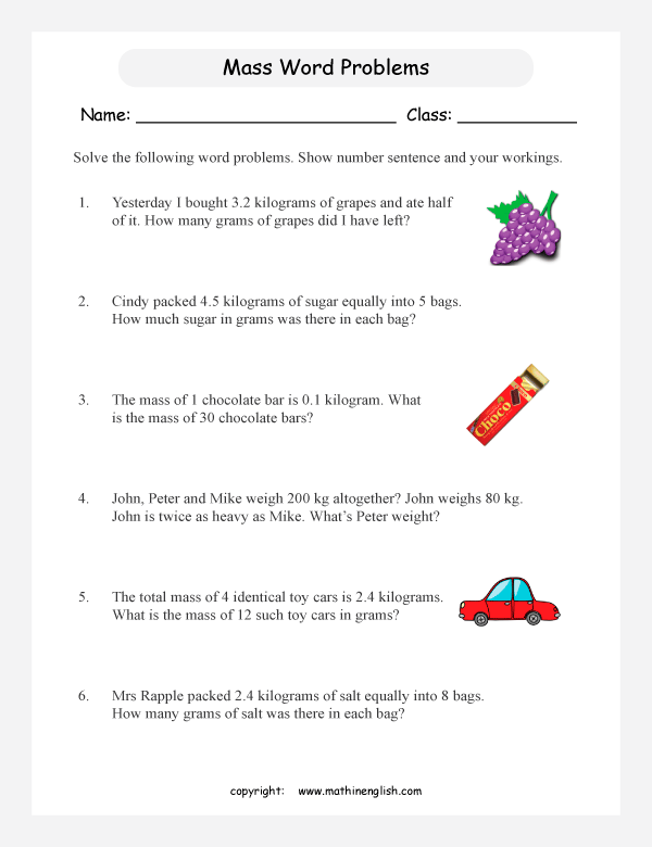 mass and weight word problem worksheets for primary math  