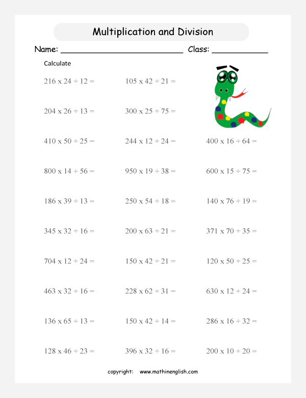 Math worksheet based on mixed operations. Multiplication and Divisions