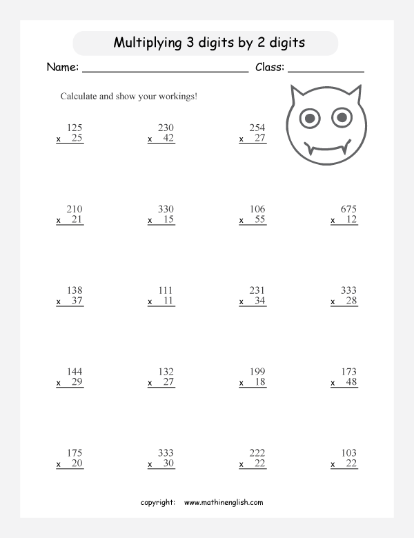 printable math multiplication of 3 digits worksheets for kids in primary and elementary math class 