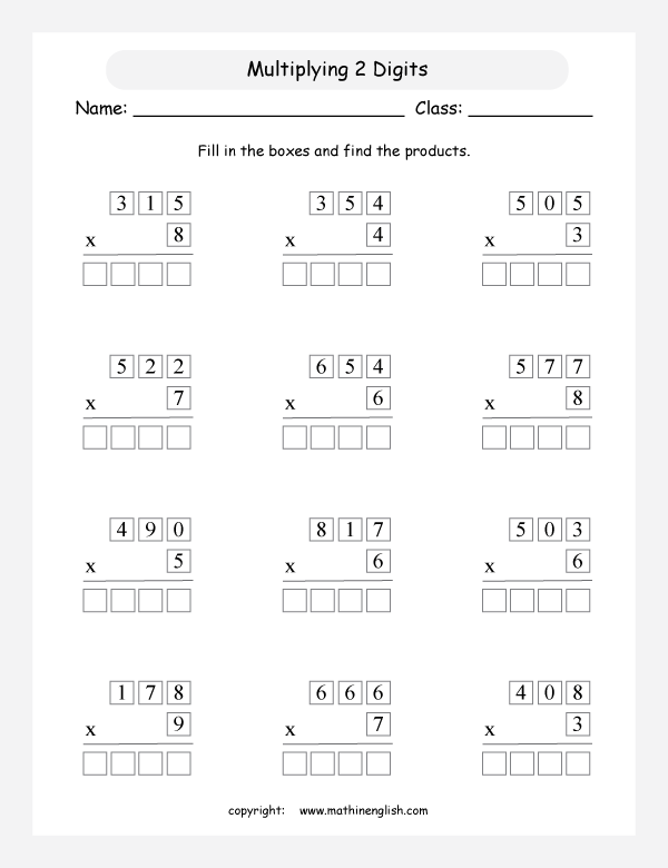 printable math multiplication of 3 digits worksheets for kids in primary and elementary math class 