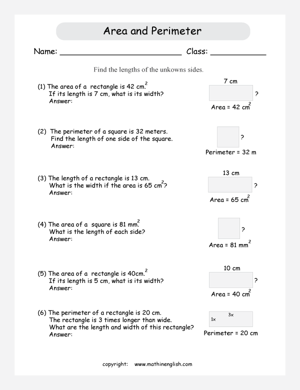 area and perimeter in squares and rectangles worksheets for primary math  