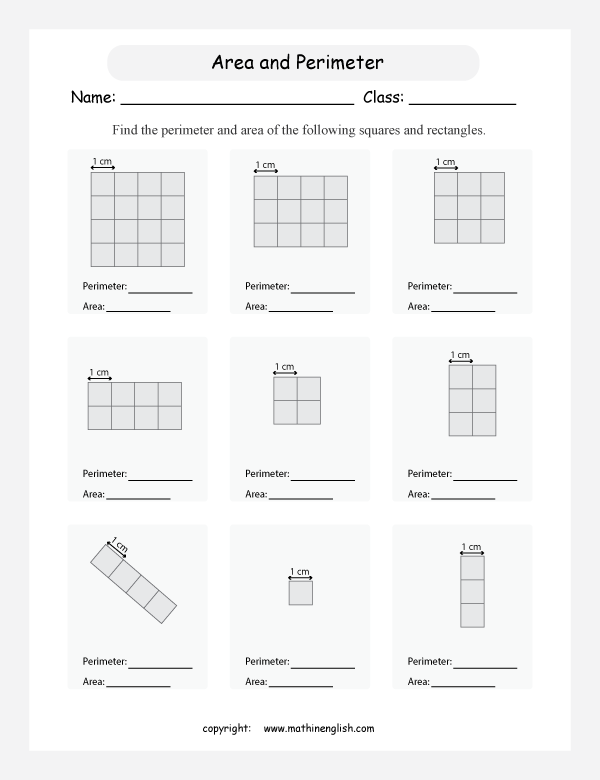 area and perimeter in squares and rectangles worksheets for primary math  