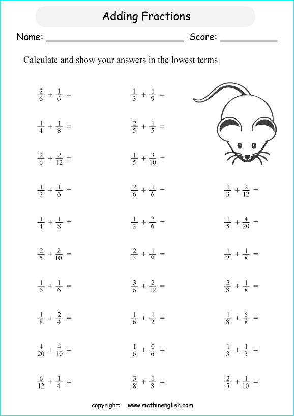 printable math addition unlike fractions worksheets