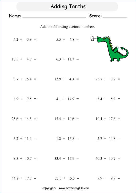 printable adding decimals worksheets for kids in primary and elementary math class 