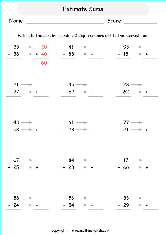 Estimate The Sum Of 2 2 Digit Numbers Up To 100 Grade 4 Estimation And Addition Worksheet That 