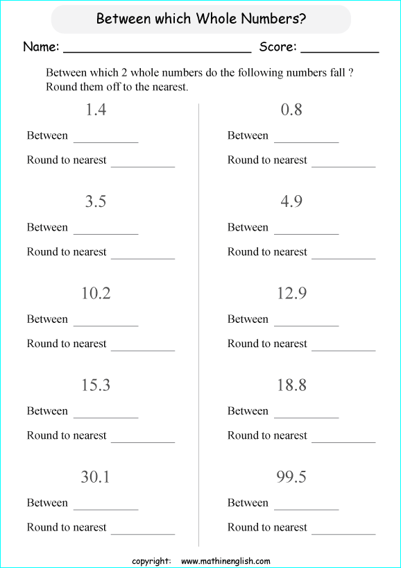 printable rounding off decimals worksheets for kids in primary and elementary math class 
