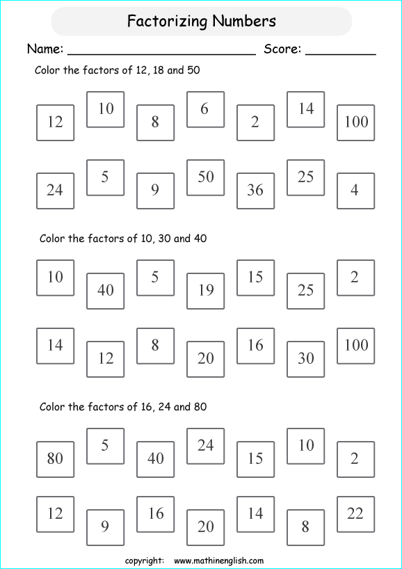 listing multilpes and factors worksheets for grade 1 to 6 