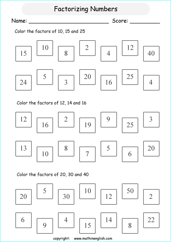 listing multilpes and factors worksheets for grade 1 to 6 