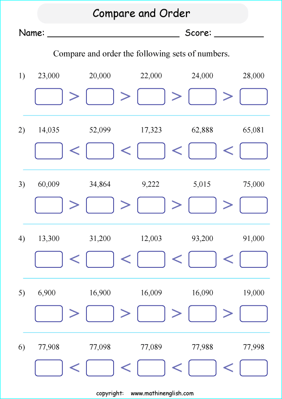 printable math comparing and ordering large numbers worksheets for kids in primary and elementary math class 