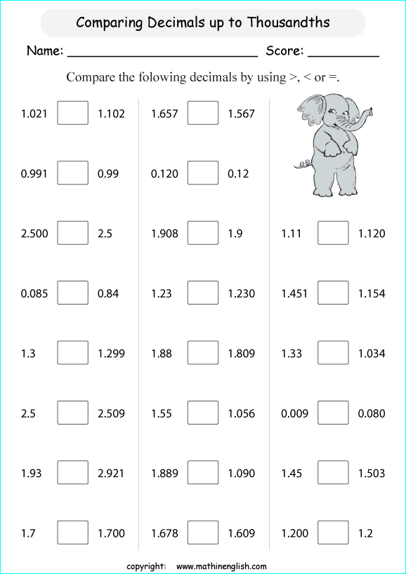 printable math comparing and ordering decimals worksheets for kids in primary and elementary math class 