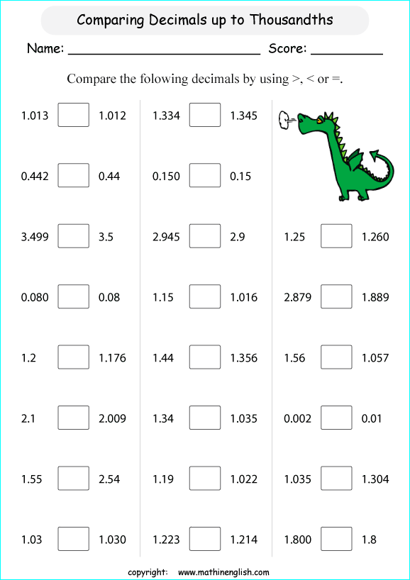 printable comparing and ordering decimals worksheets for kids in primary and elementary math class 