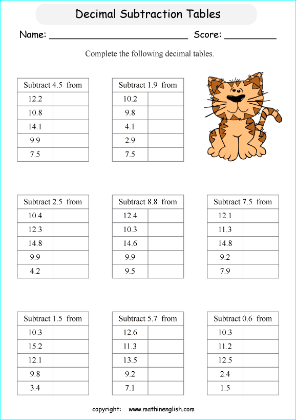 printable subtracting decimals worksheets for kids in primary and elementary math class 