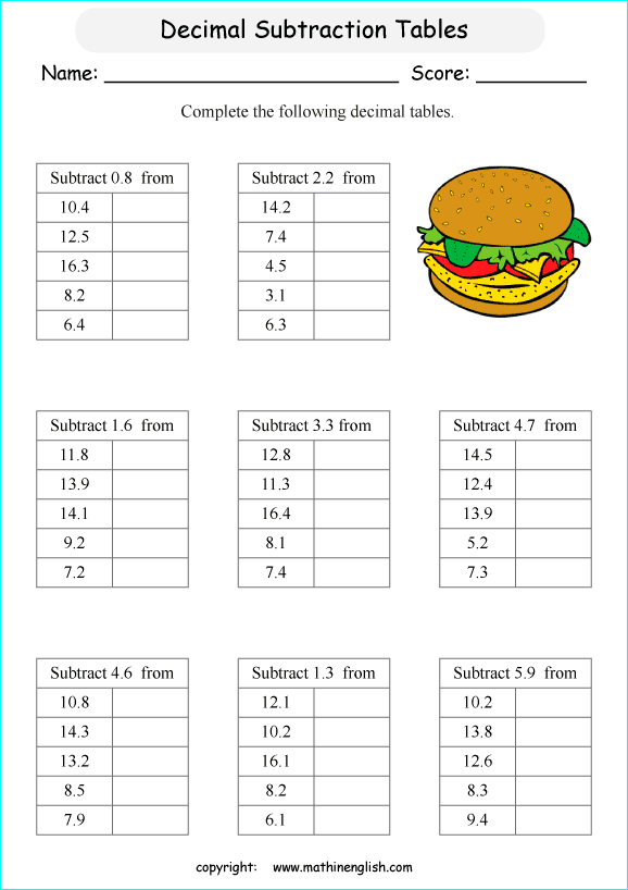 printable math decimal subtraction worksheets for kids in primary and elementary math class 