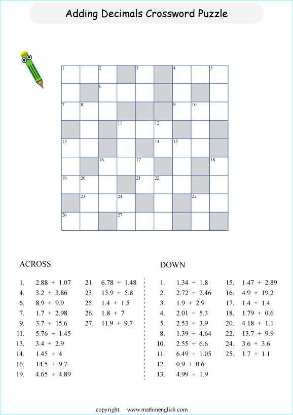 decimal crossword puzzle worksheets for grade 1 to 6 