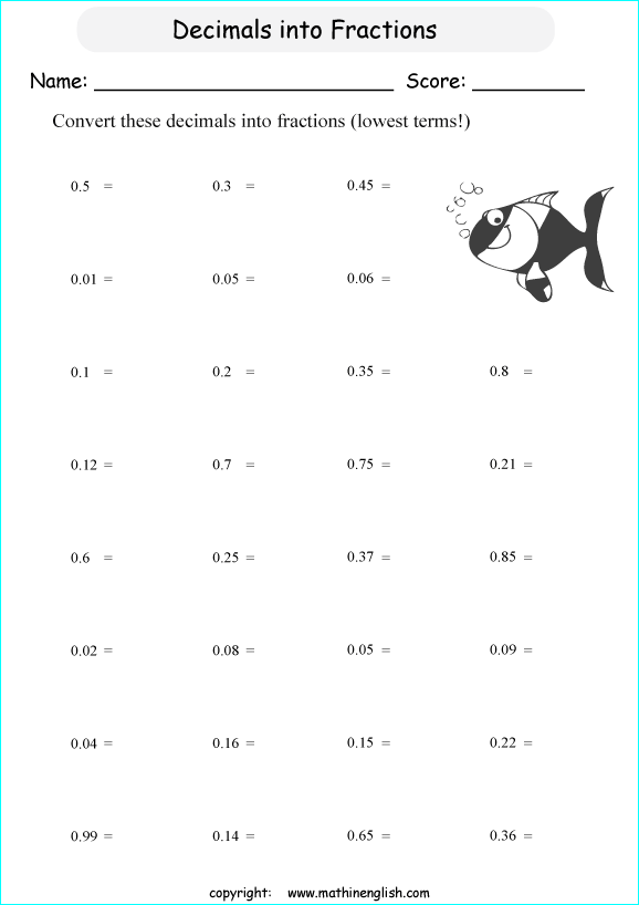 decimal into fractions worksheets for grade 1 to 6 