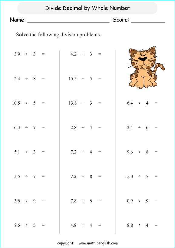 Divide these decimal by whole numbers grade 4 math decimal division