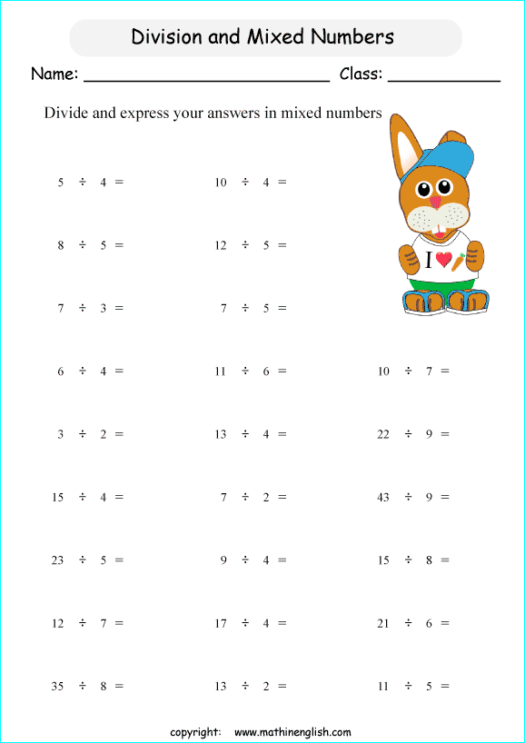 Divide whole numbers and express your answers in mixed numbers. Grade 4
