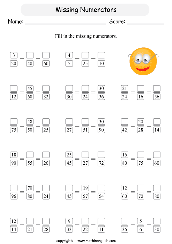 Find the equivalent numerators in this equivalent fraction worksheet