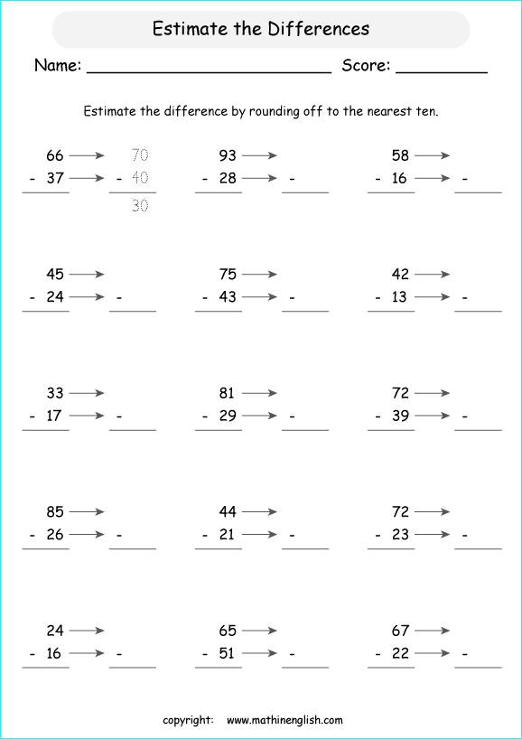 Estimate the outcome of these subtraction exercises within 100. 2 digit