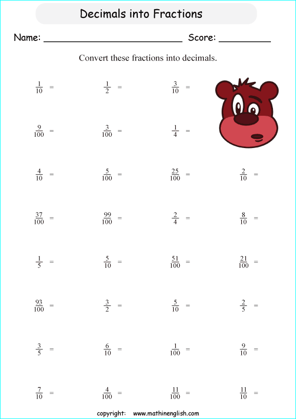 decimal into fractions worksheets for grade 1 to 6 