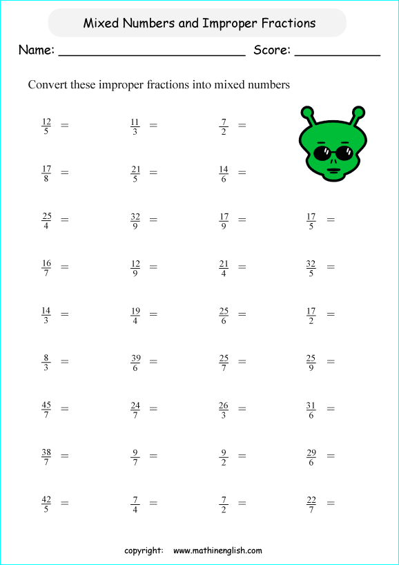 printable improper and mixed fractions worksheets for kids in primary and elementary math class 