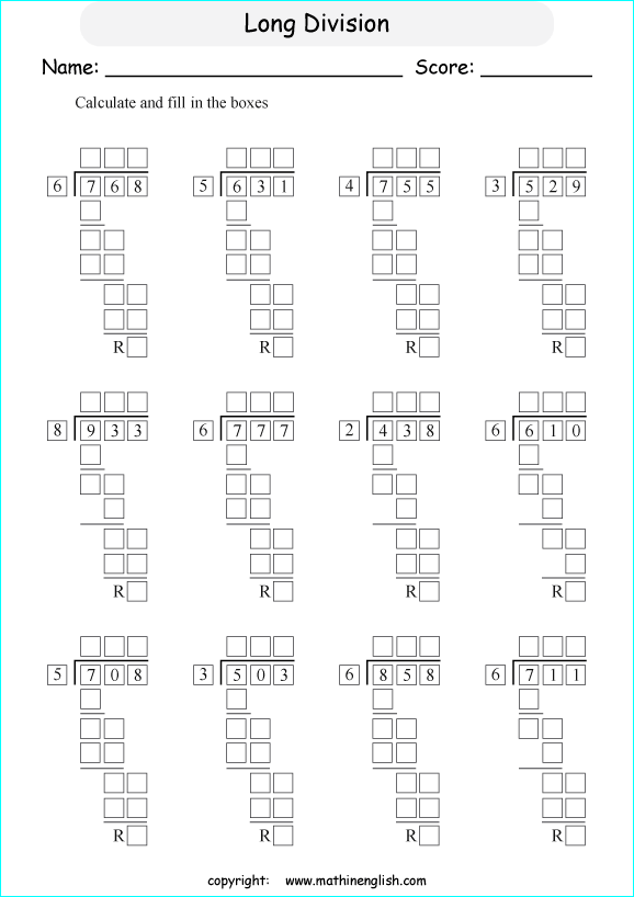 printable math division of 3 digits worksheets for kids in primary and elementary math class 