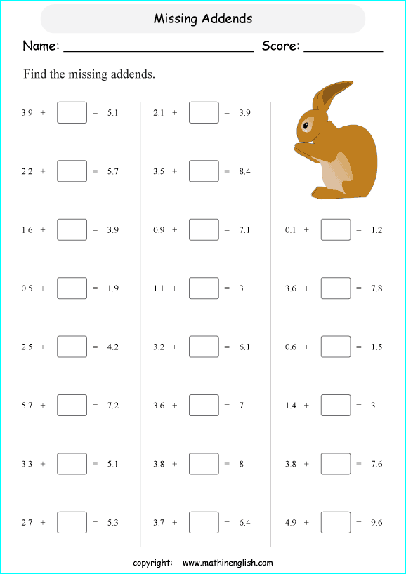 printable math addition of decimals  worksheets