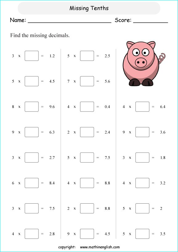 multiplying decimals grade 1 to 6 printable  worksheets 