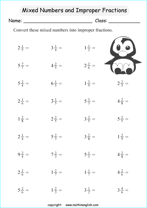 Grade 4 Free Printable Fraction Worksheets Improper Mixed Numbers