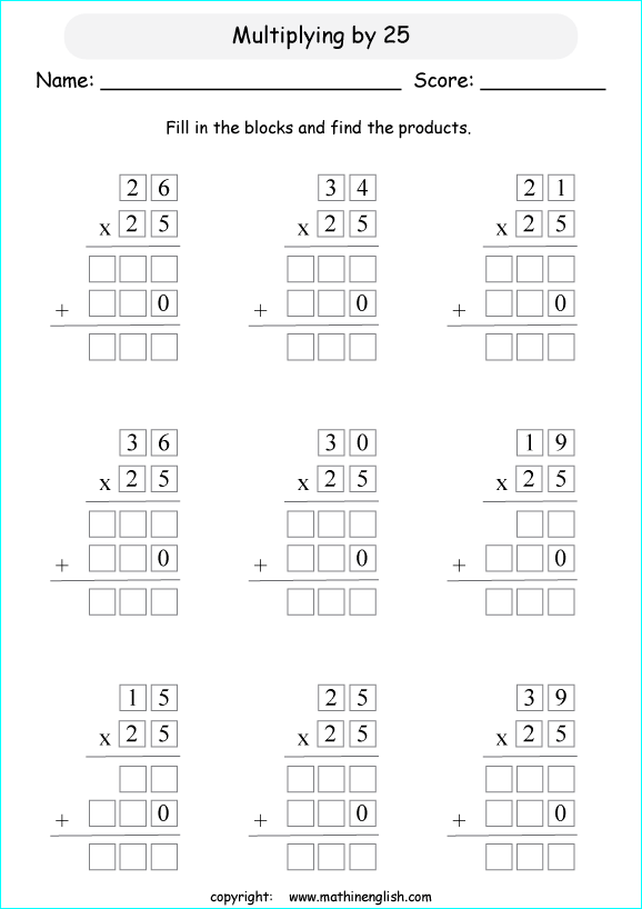 Multiply 2 digit numbers by 25 grade 4 and 5 multiplication worksheet