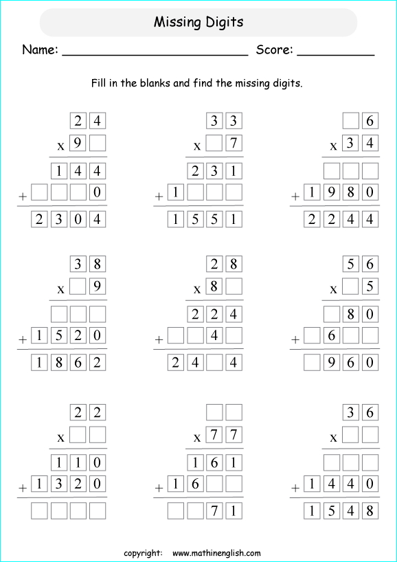 printable math multiplication missing numbers worksheets for kids in primary and elementary math class 