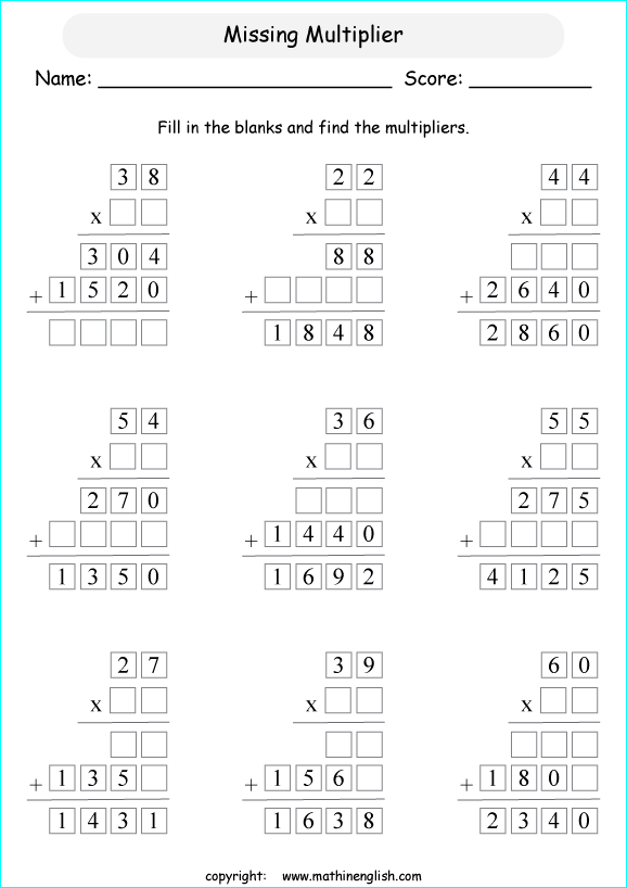 printable math multiplication missing numbers worksheets for kids in primary and elementary math class 