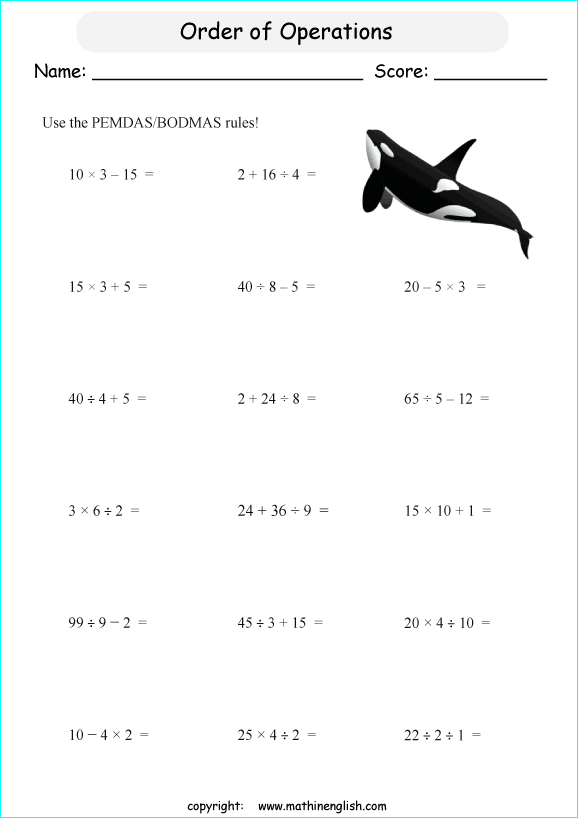 order of operations with positve integers no parentheses worksheets for grade 1 to 6 