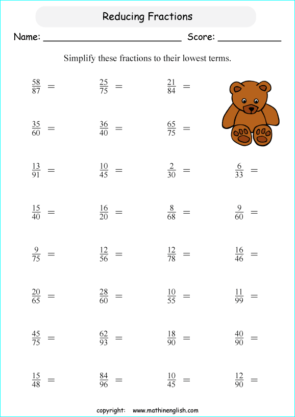 printable reducing and simplifying fractions worksheets for kids in primary and elementary math class 