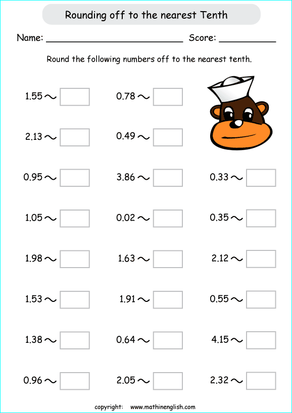 printable rounding off decimals worksheets for kids in primary and elementary math class 