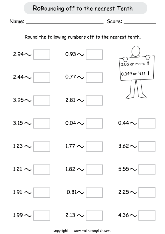 printable rounding off decimals worksheets for kids in primary and elementary math class 